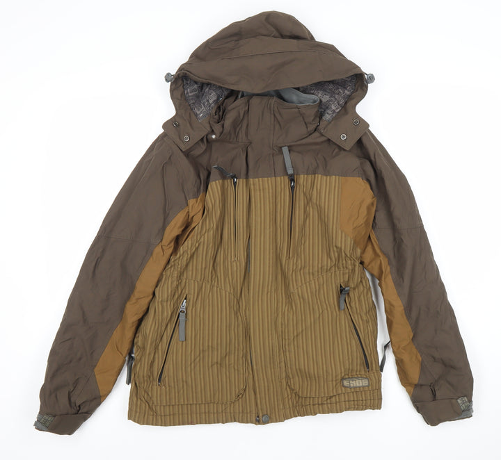 E408 Boys Brown Hooded Winter Puffer Jacket Size M with Full Zip and Pockets