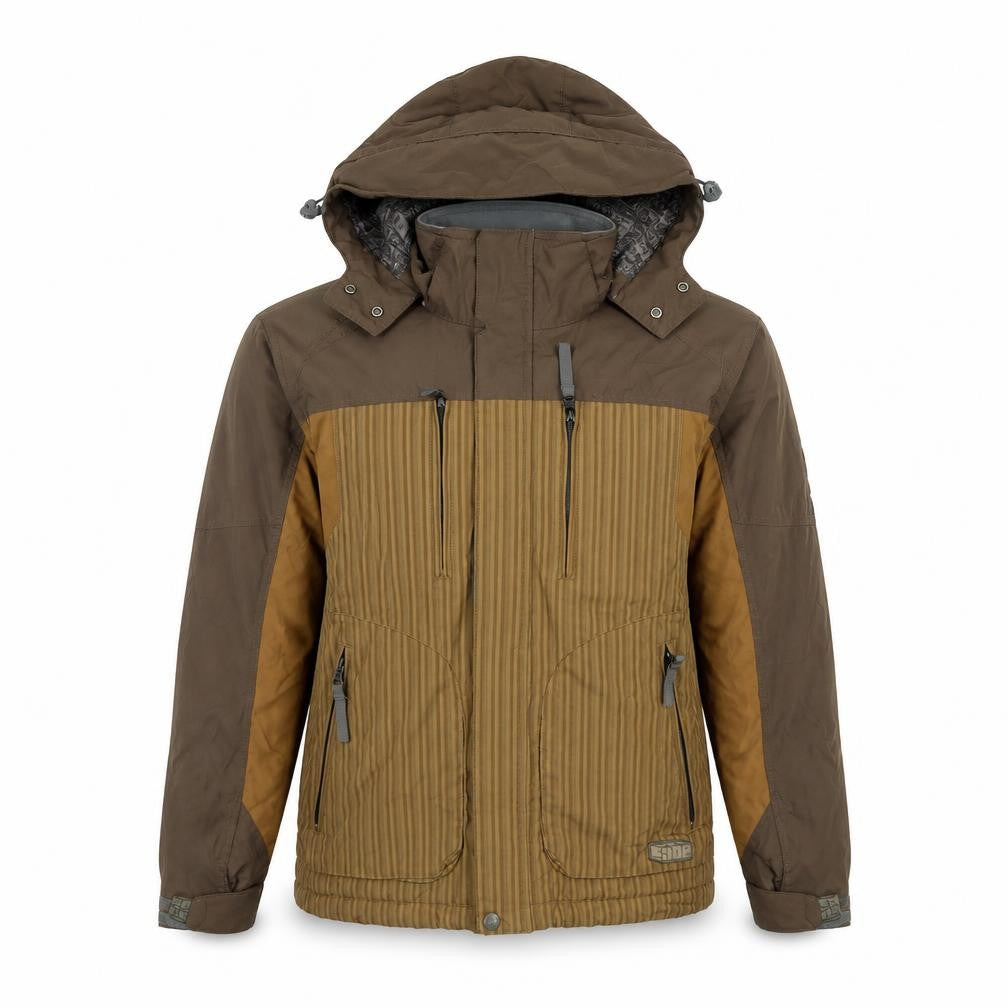 Front view of E408 boys’ brown hooded winter puffer jacket, size M, with full zip and pockets
