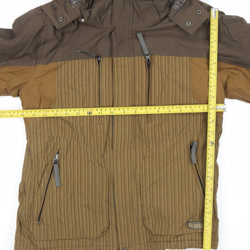 E408 Boys Brown Hooded Winter Puffer Jacket Size M with Full Zip and Pockets