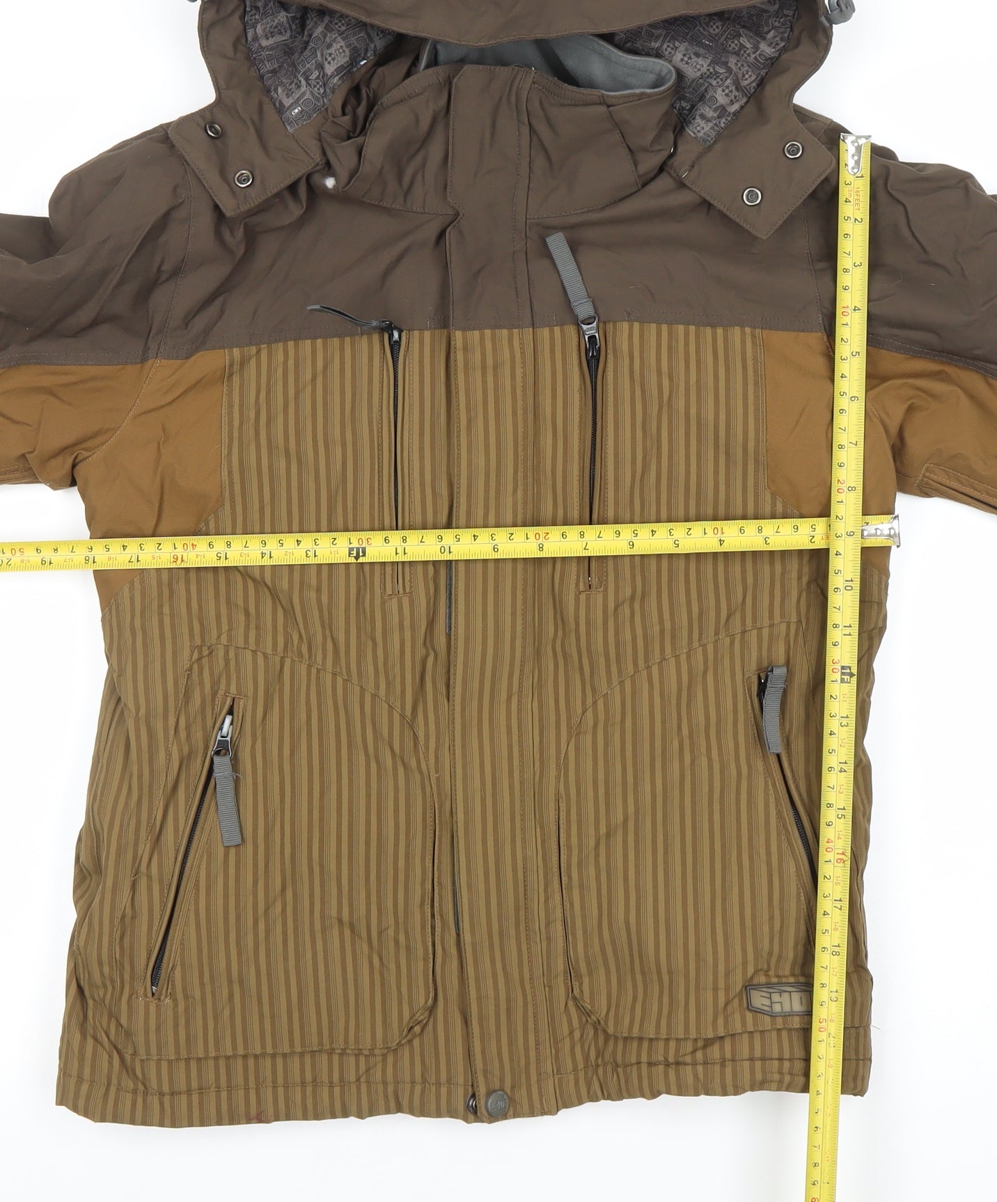 E408 Boys Brown Hooded Winter Puffer Jacket Size M with Full Zip and Pockets