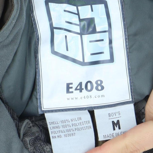 E408 Boys Brown Hooded Winter Puffer Jacket Size M with Full Zip and Pockets