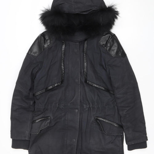 Maje Womens Black Fur Trim Hooded Long Parka Coat Size S