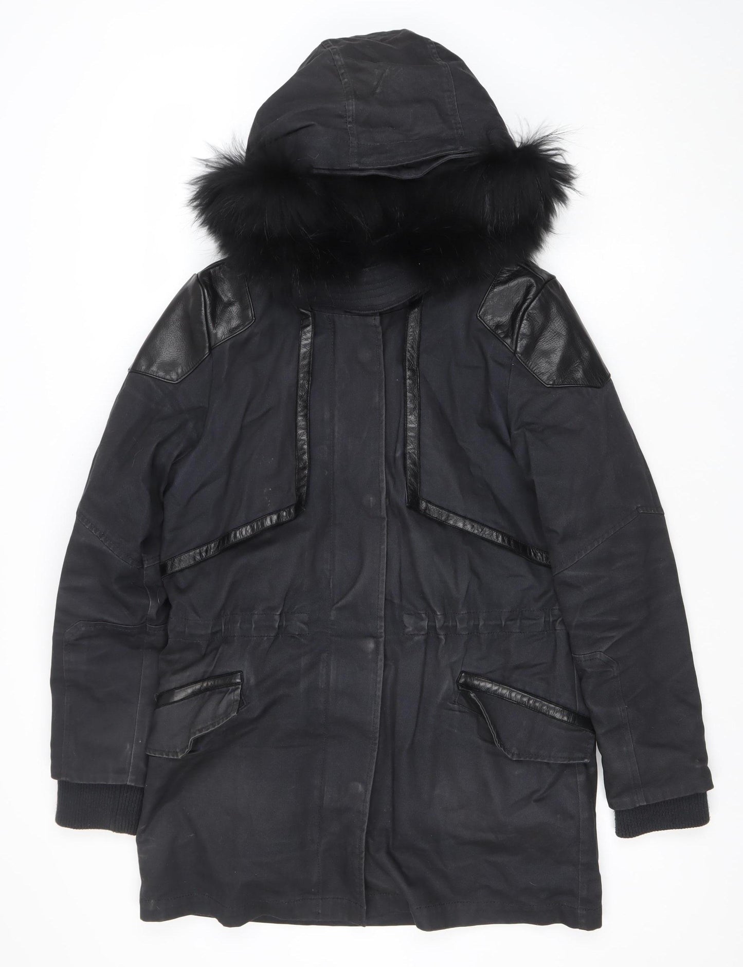 Maje Womens Black Fur Trim Hooded Long Parka Coat Size S