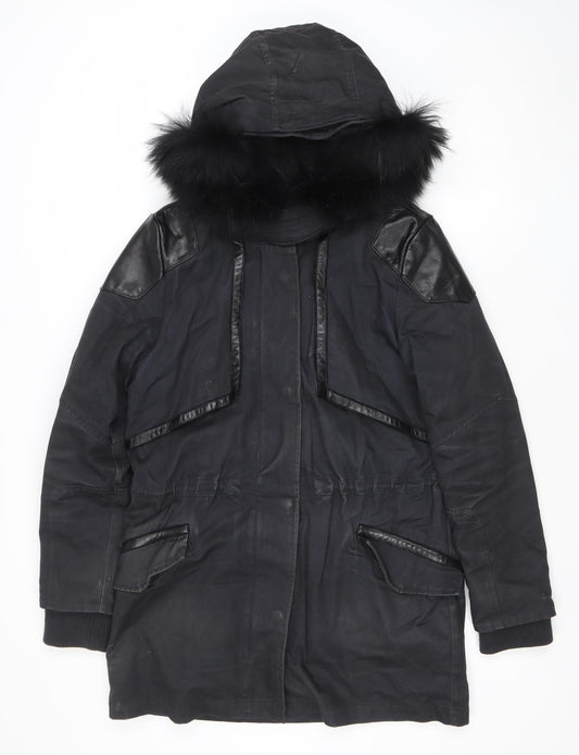 Maje Womens Black Fur Trim Hooded Long Parka Coat Size S