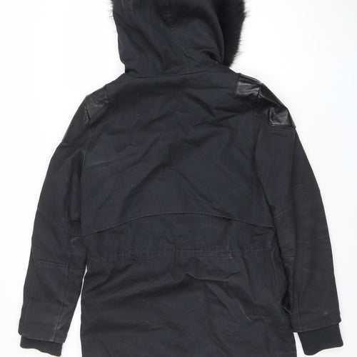 Maje Womens Black Fur Trim Hooded Long Parka Coat Size S