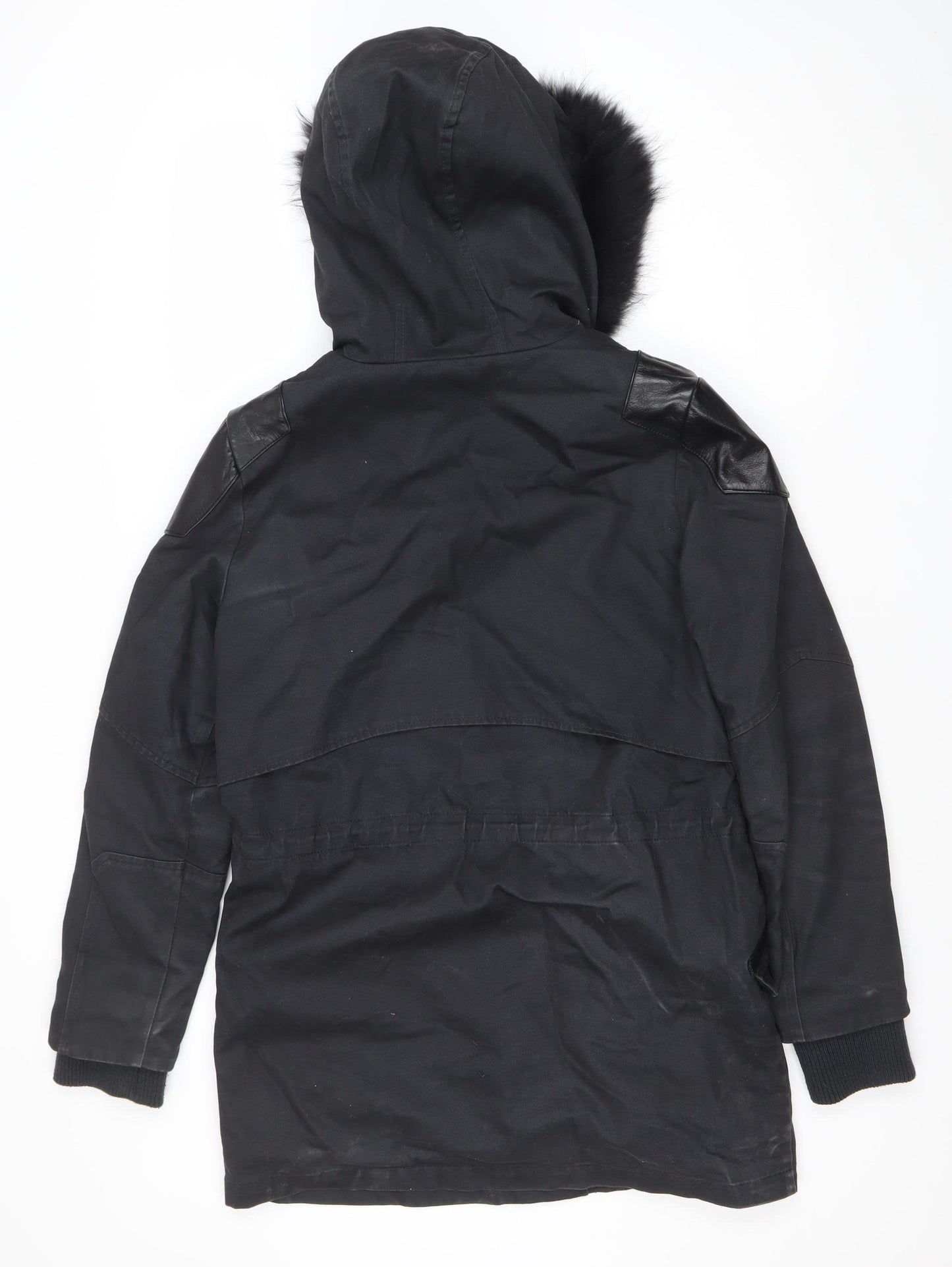 Maje Womens Black Fur Trim Hooded Long Parka Coat Size S