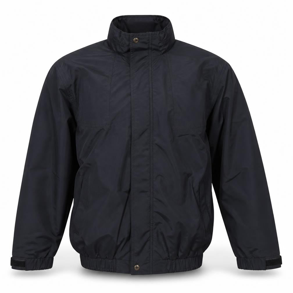 Front view of Trimark boys’ black nylon windbreaker jacket lined zip pockets, size L