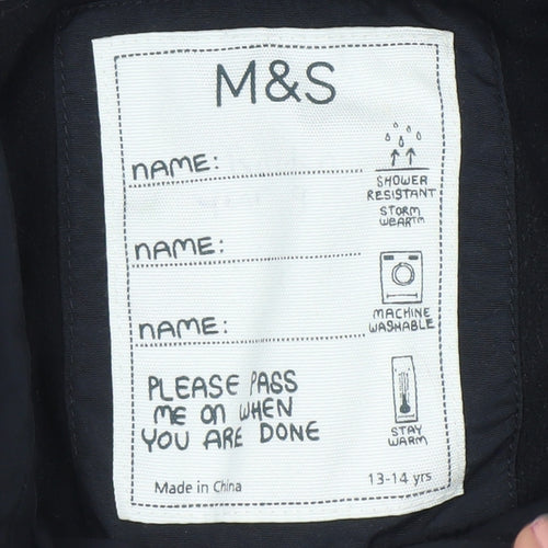 Marks and Spencer Boys Black Hooded Puffer Jacket 13-14 Years Waterproof Winter Coat