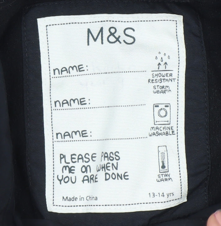 Marks and Spencer Boys Black Hooded Puffer Jacket 13-14 Years Waterproof Winter Coat