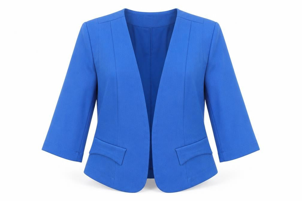 Front view of Marc Angelo Women's Blue, size 12, 3/4 Sleeve Open Front Blazer Jacket