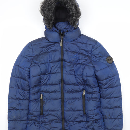 Superdry Womens Blue Hooded Puffer Jacket Size 10 Faux Fur Trim