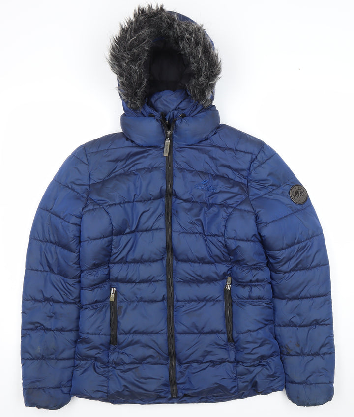 Superdry Womens Blue Hooded Puffer Jacket Size 10 Faux Fur Trim