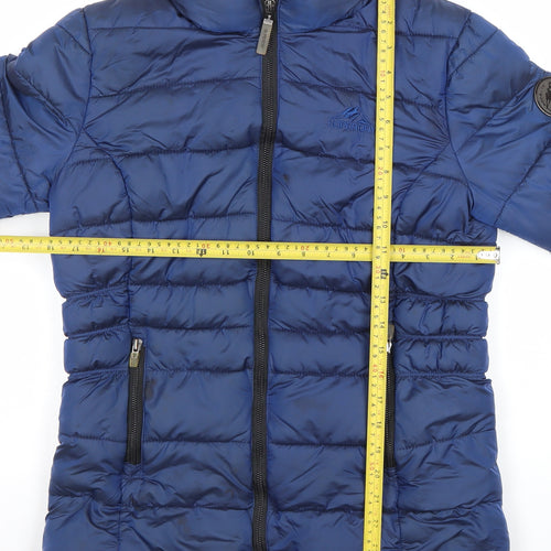 Superdry Womens Blue Hooded Puffer Jacket Size 10 Faux Fur Trim