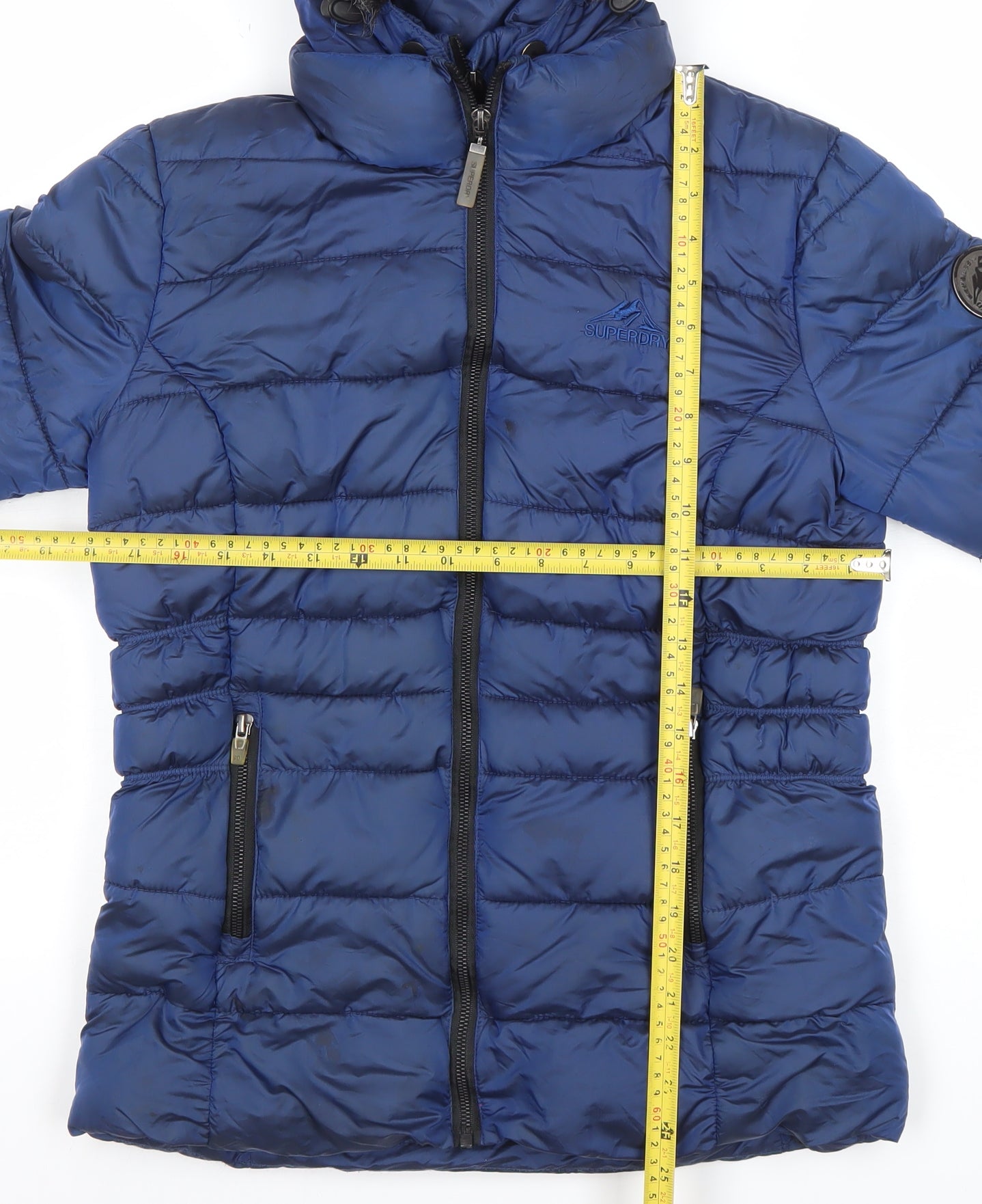 Superdry Womens Blue Hooded Puffer Jacket Size 10 Faux Fur Trim