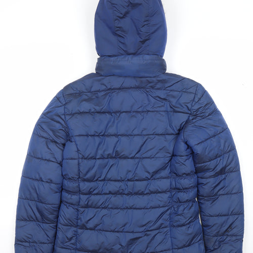 Superdry Womens Blue Hooded Puffer Jacket Size 10 Faux Fur Trim