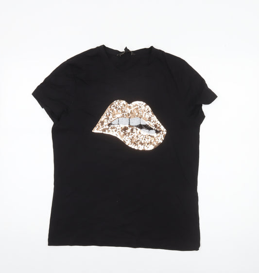 Lipsy Women Black Sequin Lips Cotton T-Shirt UK 14