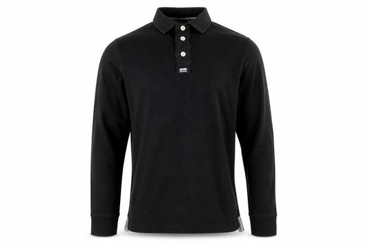 Front view of Superdry men’s black long sleeve cotton polo shirt, size S