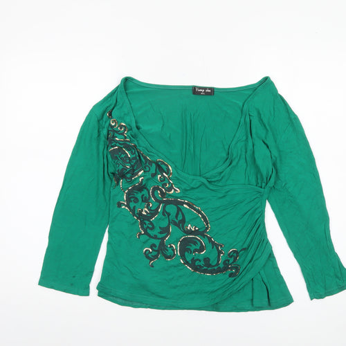Funky Diva Women's Green Wrap Viscose 3/4 Sleeve Blouse M