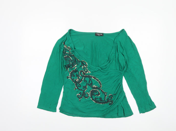 Funky Diva Women's Green Wrap Viscose 3/4 Sleeve Blouse M