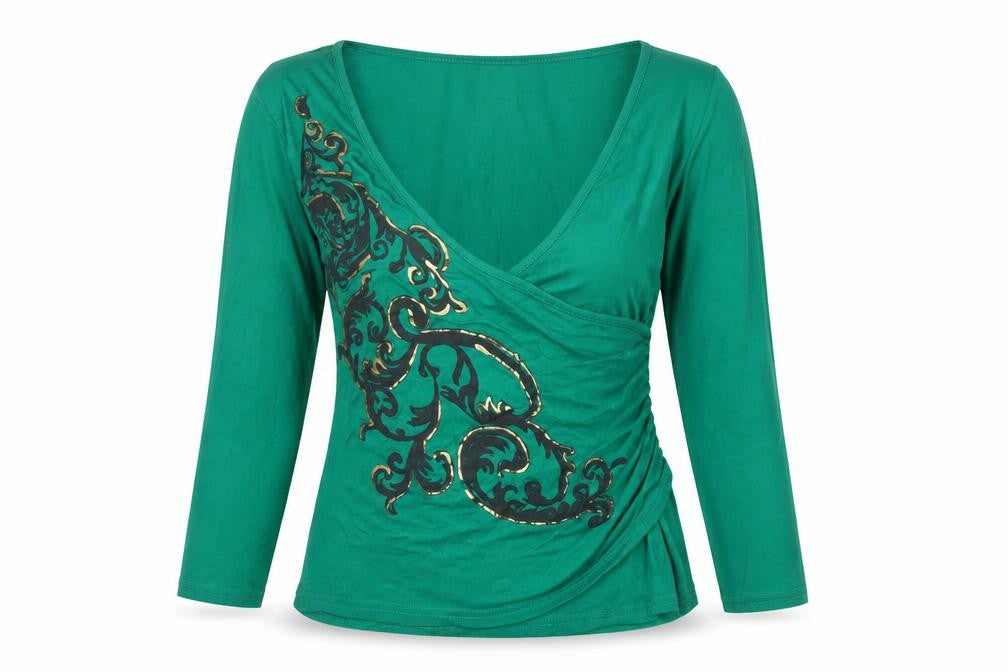 Front view of Funky Diva Women's Green Wrap Viscose 3/4 Sleeve Blouse M