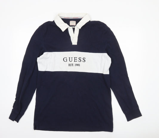 GUESS Men's Blue Long Sleeve Polo Shirt Small Regular Fit Cotton
