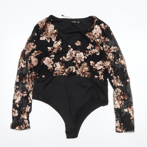 Boohoo Women Black & Gold Sequin Lace Long Sleeve Bodysuit UK 18