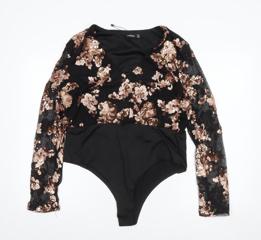 Boohoo Women Black & Gold Sequin Lace Long Sleeve Bodysuit UK 18