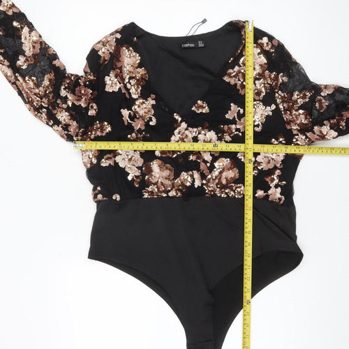 Boohoo Women Black & Gold Sequin Lace Long Sleeve Bodysuit UK 18