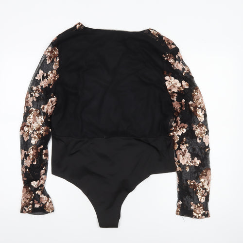 Boohoo Women Black & Gold Sequin Lace Long Sleeve Bodysuit UK 18
