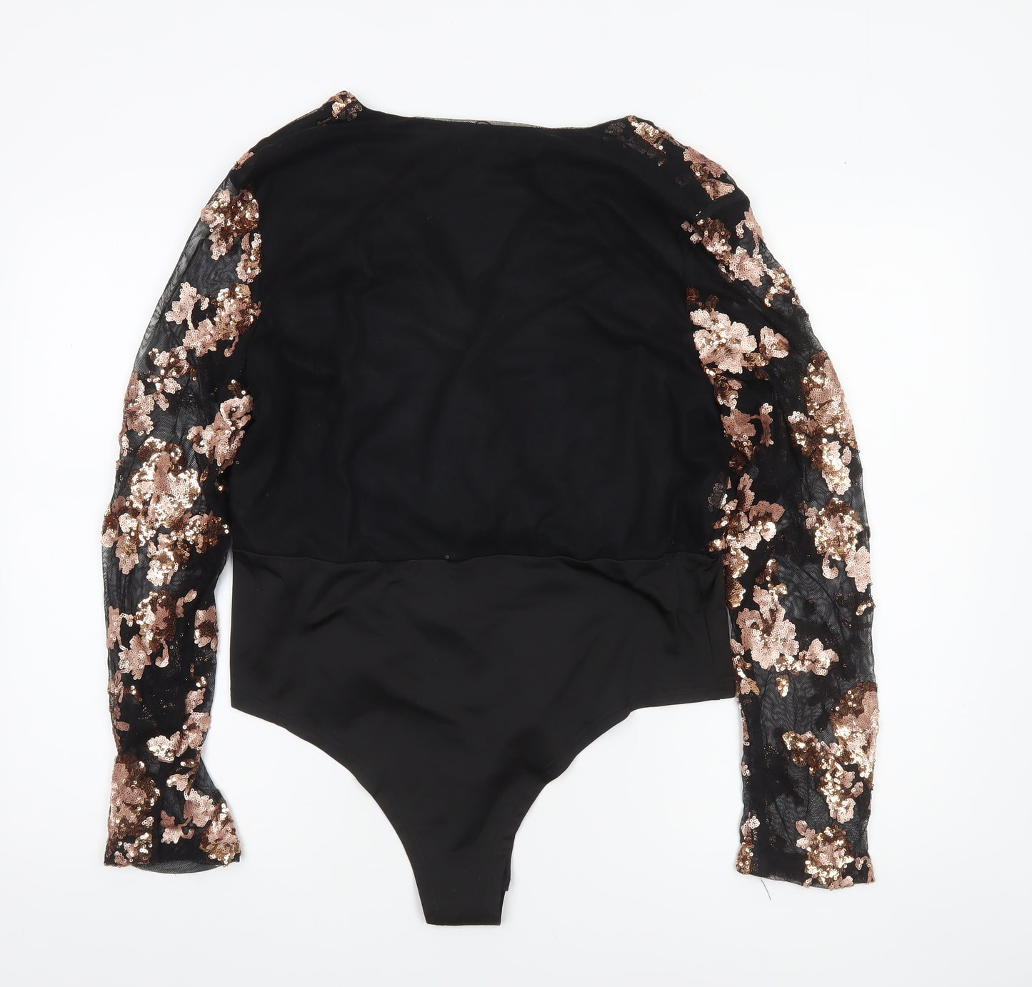 Boohoo Women Black & Gold Sequin Lace Long Sleeve Bodysuit UK 18