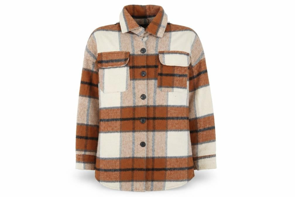 Front view of Quiz Women’s Brown Check Flannel Shacket Jacket, size S