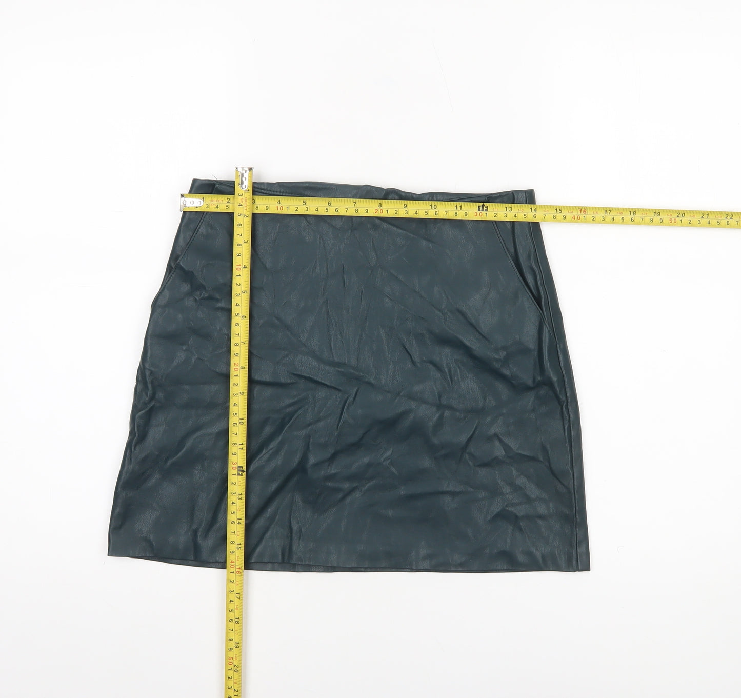 Pull & Bear Women Green Faux Leather Short Pencil Skirt Size 12