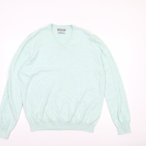 Marks and Spencer Men's Green XL V-Neck Pure Cotton Jumper