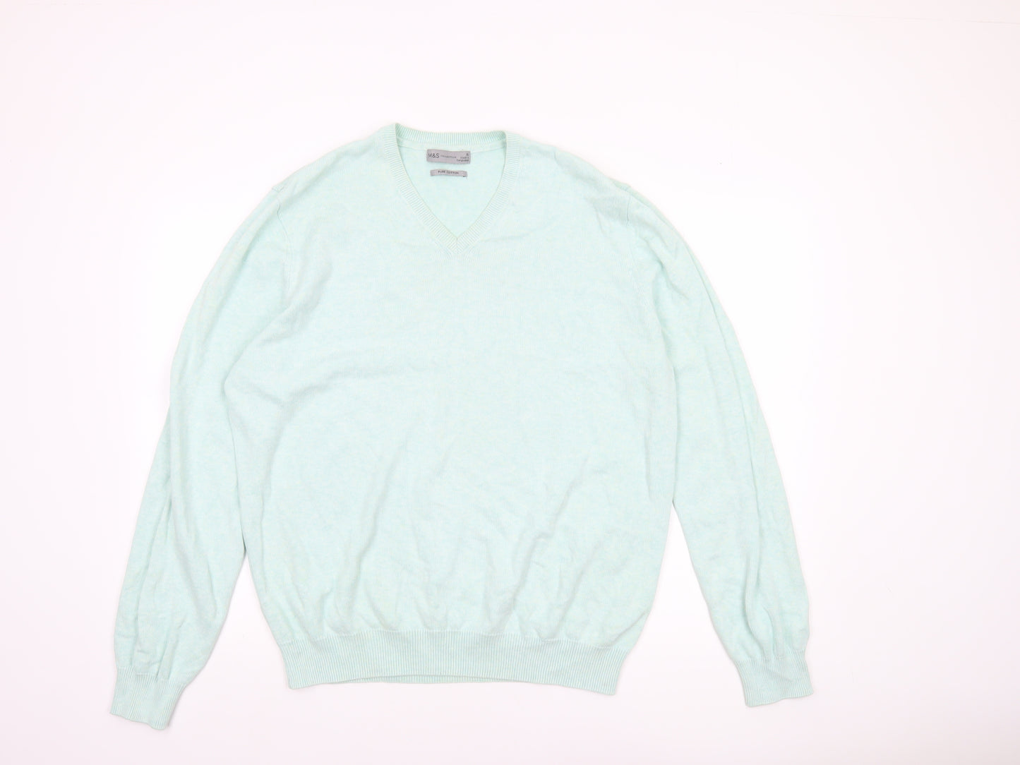 Marks and Spencer Men's Green XL V-Neck Pure Cotton Jumper