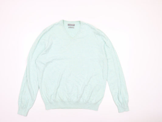 Marks and Spencer Men's Green XL V-Neck Pure Cotton Jumper