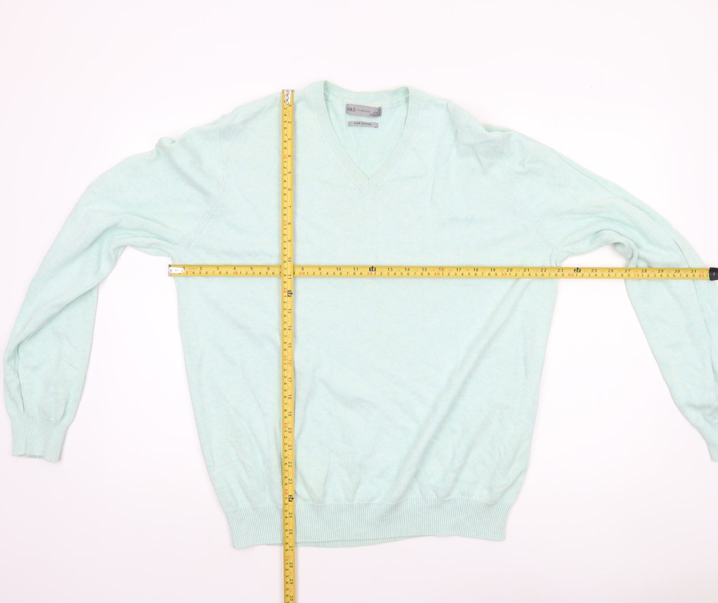 Marks and Spencer Men's Green XL V-Neck Pure Cotton Jumper