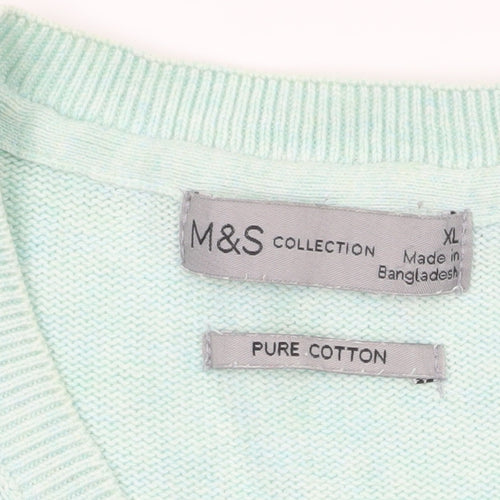 Marks and Spencer Men's Green XL V-Neck Pure Cotton Jumper