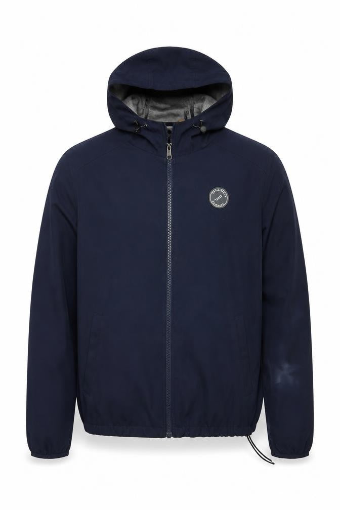 Front view of Jack & Jones men’s navy hooded softshell jacket large casual windbreaker
