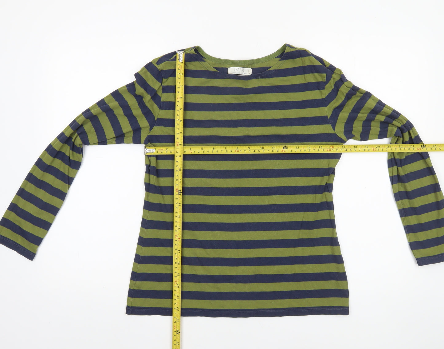 Seasalt Women Green Striped Long Sleeve Organic Cotton Sailor T-Shirt Size 12