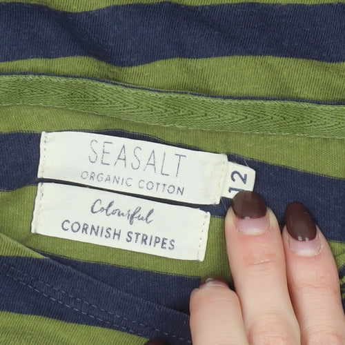 Seasalt Women Green Striped Long Sleeve Organic Cotton Sailor T-Shirt Size 12