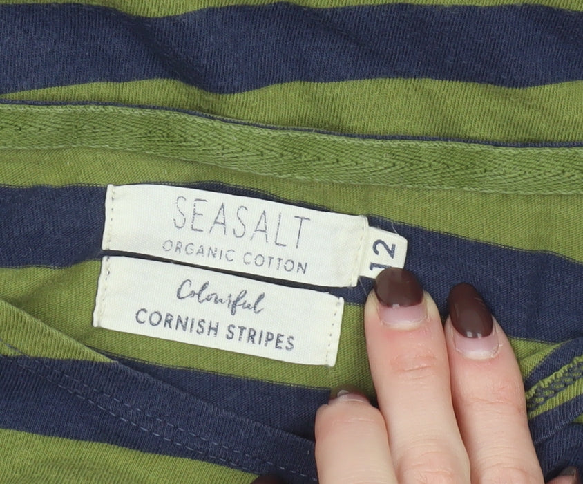 Seasalt Women Green Striped Long Sleeve Organic Cotton Sailor T-Shirt Size 12