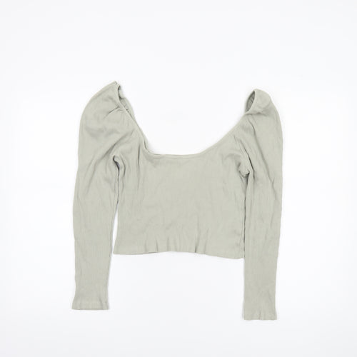 ZARA Women Grey Cropped Long Sleeve Scoop Neck Ribbed Top M