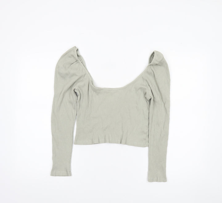 ZARA Women Grey Cropped Long Sleeve Scoop Neck Ribbed Top M