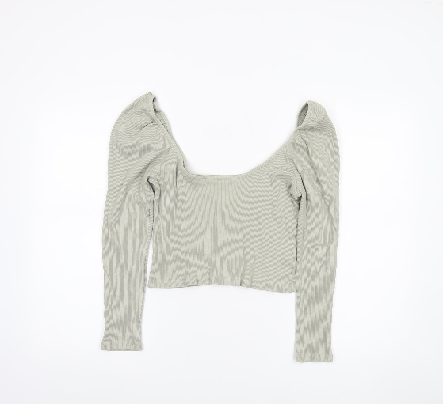 ZARA Women Grey Cropped Long Sleeve Scoop Neck Ribbed Top M