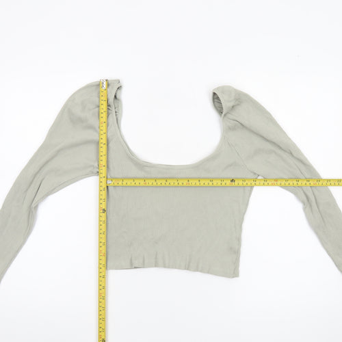 ZARA Women Grey Cropped Long Sleeve Scoop Neck Ribbed Top M