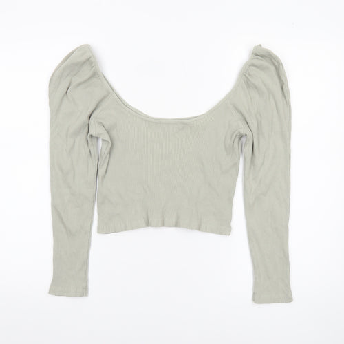 ZARA Women Grey Cropped Long Sleeve Scoop Neck Ribbed Top M