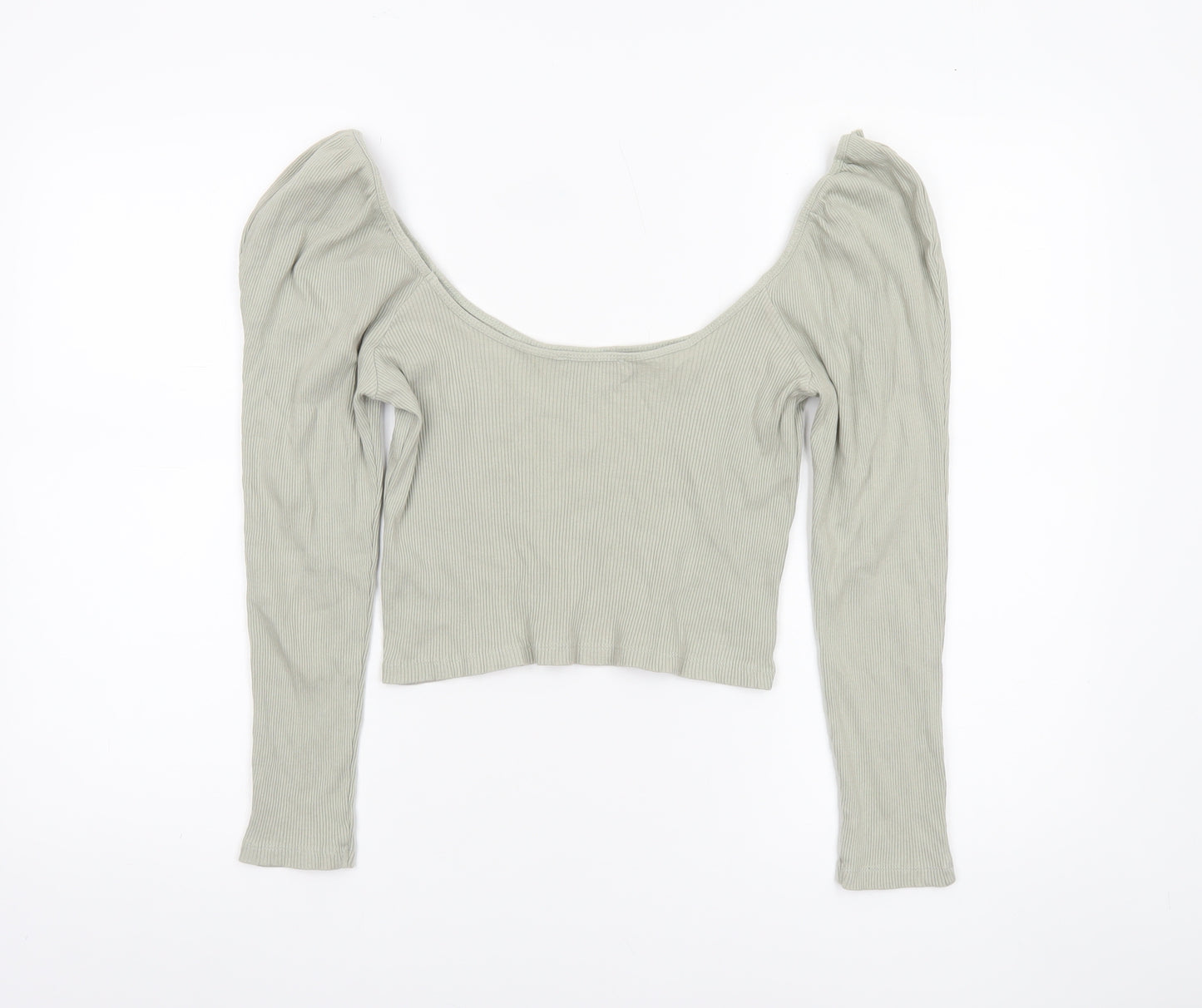 ZARA Women Grey Cropped Long Sleeve Scoop Neck Ribbed Top M