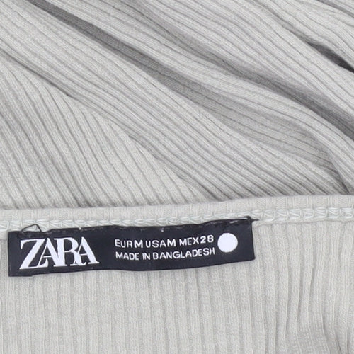 ZARA Women Grey Cropped Long Sleeve Scoop Neck Ribbed Top M
