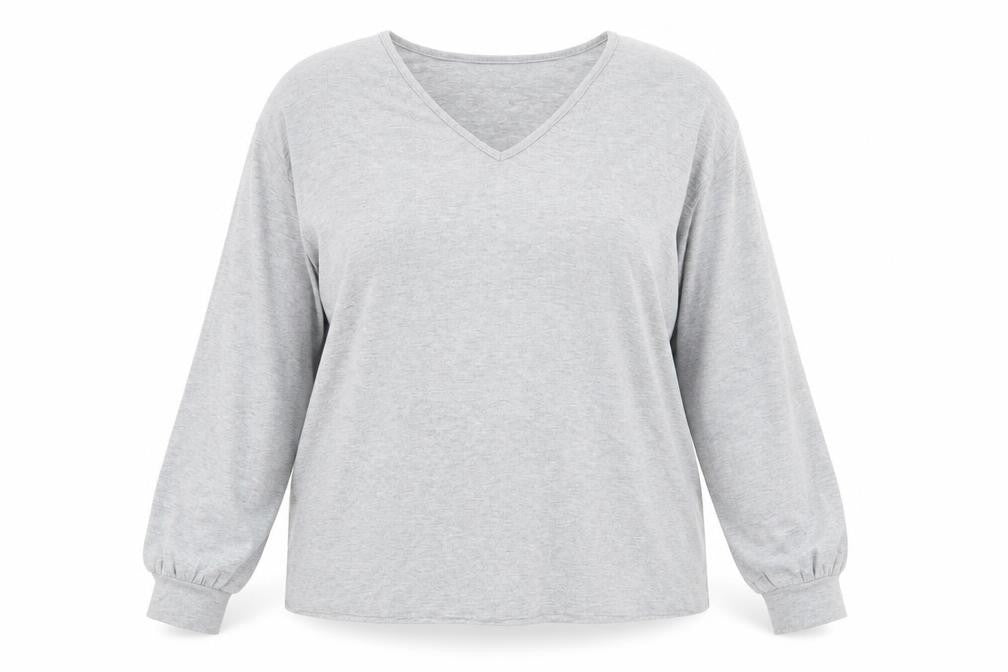 Front view of Marks & Spencer women’s grey v-neck glitter knit jumper, size UK 14