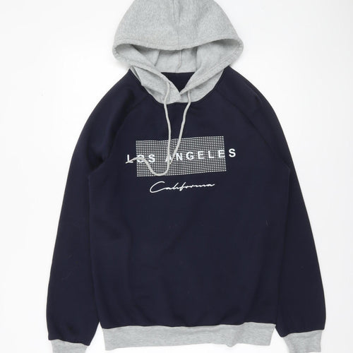 SHEIN Men's Navy & Grey Pullover Hoodie Small Graphic Print